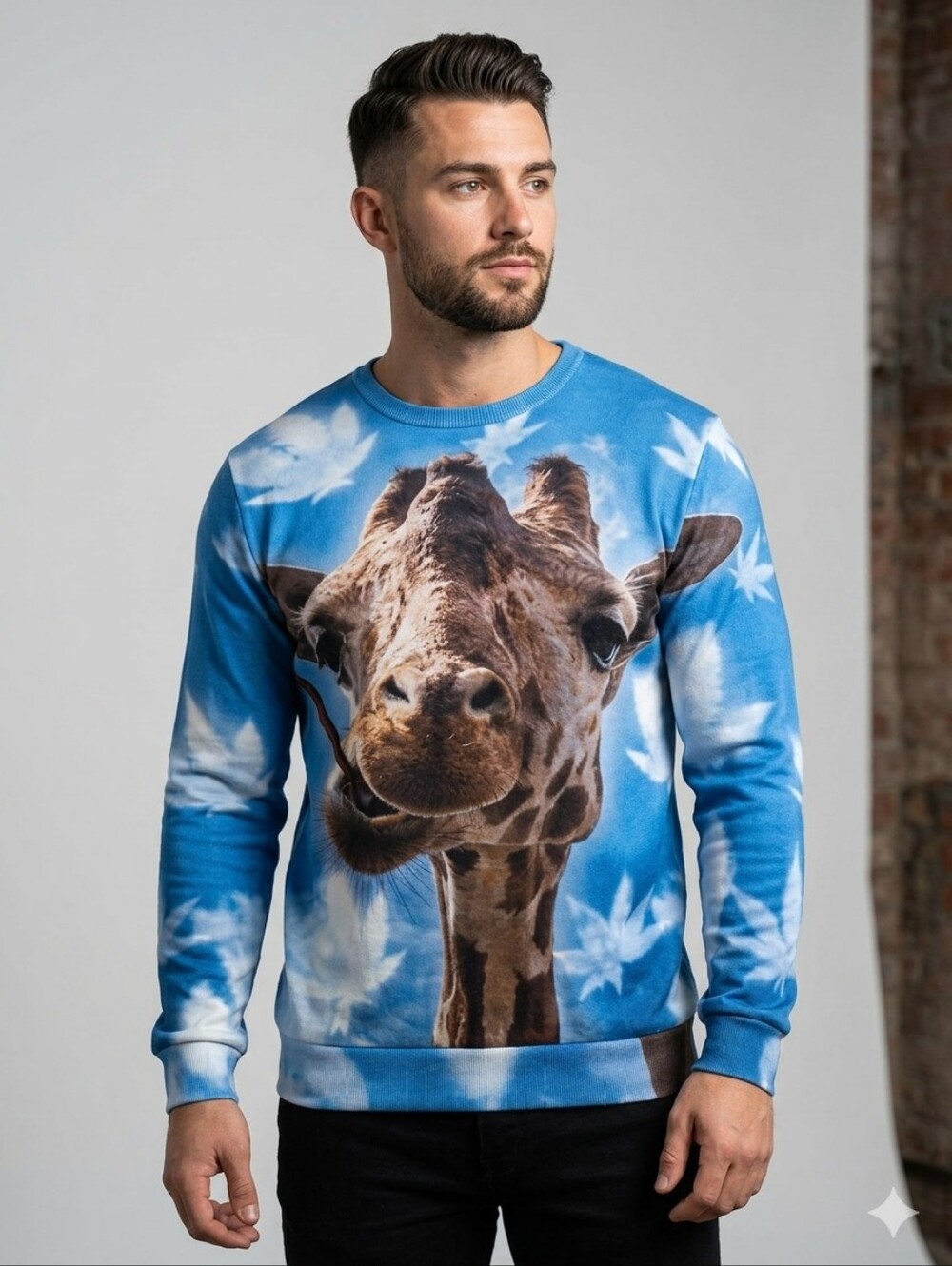 Blue Giraffe Print Crewneck Sweater